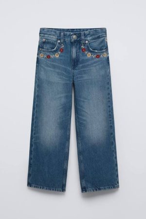 Cep Çiçek Nakışlı Straight Jean
